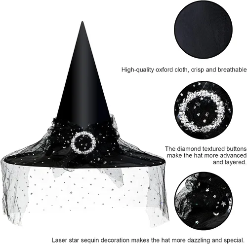 Vista 5 de Edoneery Sombrero de bruja de Halloween para mujer, encaje de malla, accesorio de disfraz de mago para fiestas de cosplay