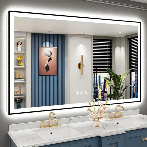 Vista 70 de Espejo de baño LED de 48 x 30 pulgadas con luces, retroiluminado + frontal iluminado, espejo de tocador con luz antiniebla para pared de baño con 3