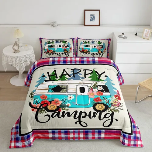 Vista 14 de Erosebridal Juego de edredón de cabaña de cabaña, juego de ropa de cama individual para niños, edredón de campamento con temática de campamento