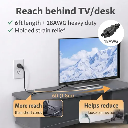 Vista 4 de Cable de alimentación para portátil de 3 clavijas de 6 pies, cable de Mickey Mouse NEMA 5-15P a IEC C5 de repuesto, cable de alimentación de 18 AWG