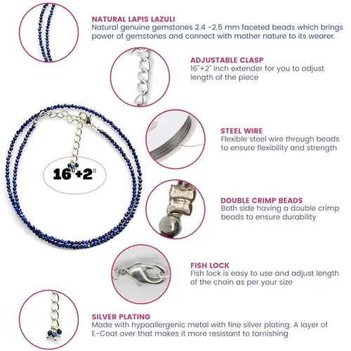 Vista 5 de Gempires Natural Lapis Lazuli Beads Necklace, Energy Healing Crystals, Silver Plated Chain, Birthday, Gift for Her, Gemstone Jewelry 18 inch AA+