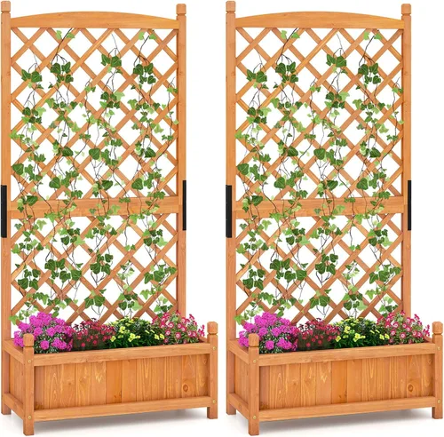 Vista 16 de HAPPYGRILL Cama de jardín elevada de 72.5 pulgadas con enrejado y jardinera Maceta elevada con agujeros de drenaje, caja de jardín para plantas