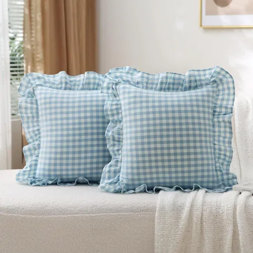 Vista 78 de Paquete de 2 fundas de almohada europeas a cuadros azul polvoriento, blanco, a cuadros, 100% algodón lavado, a cuadros, estilo francés, rústico