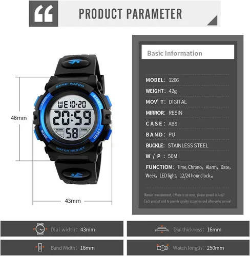 Vista 5 de Reloj digital para niños, deportes al aire libre, impermeable, multifuncional, 7 colores, luces LED de 1224 H, calendario de cronómetro de alarma