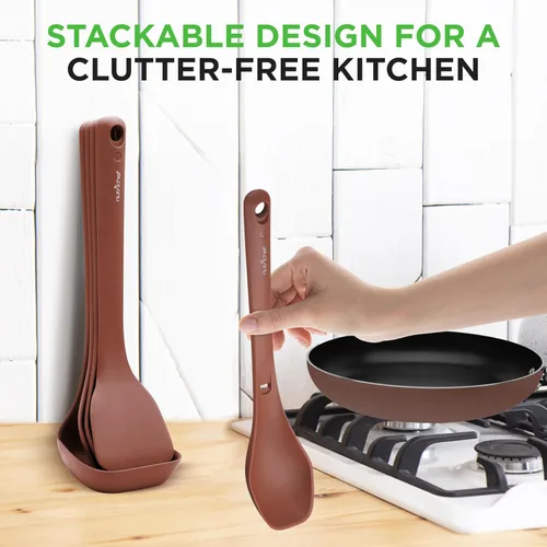 Vista 2 de NutriChef Juego de utensilios de cocina de cocina, incluye espátula sólida, tenedor para pasta, cuchara sólida, cuchara ranurada y asiento