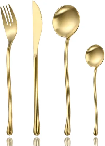 Vista 9 de JASHII Juego de cubiertos de lujo de acero inoxidable 18/10, color negro, 24 piezas, tenedor, cuchara, mango redondo, acabado satinado, diseño