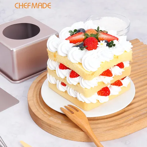 Vista 6 de CHEFMADE Square Cake Pan, 5-Inch Deep Dish with Removable Loose Bottom Non-Stick Square Bakeware for Oven Baking (Gold)