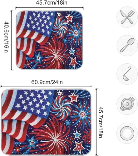 Vista 3 de Tapete patriótico de secado de platos de fuegos artificiales de 16 x 18 pulgadas para cocina, Día de la Independencia conmemorativo del 4 de julio