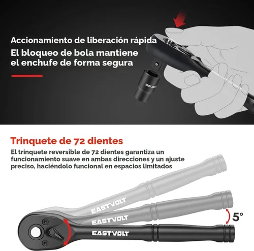 Vista 4 de Eastvolt Juego de llaves de trinquete de 46 piezas, kits de herramientas mecánicas con trinquete reversible de 72 dientes, juego de barra