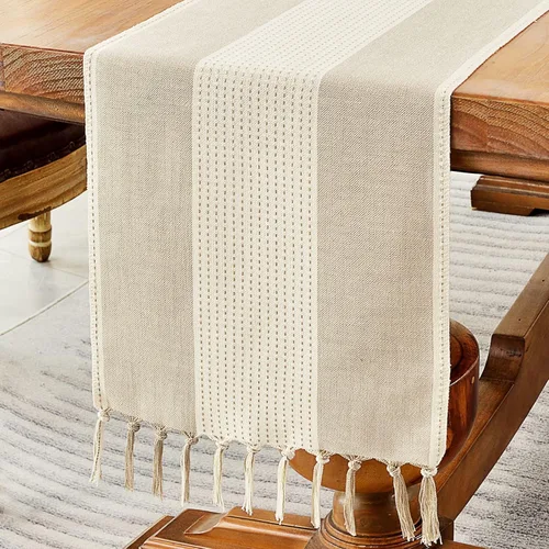 Vista 13 de Camino de mesa de lino Wracra, caminos de mesa de macramé estilo granja de 36 pulgadas de largo para decoración de mesa de comedor, boda, fiesta