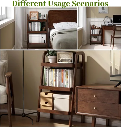 Vista 13 de Estante de escalera de 3 niveles de roble macizo 100% para ahorrar espacio, estantería pequeña con marco estable, estantes de escalera
