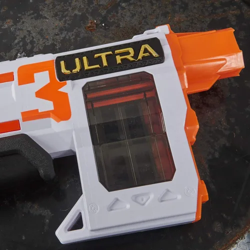 Vista 6 de Nerf Ultra Three Blaster, acción de bomba, clip interno de 8 dardos, 8 dardos Ultra, compatible solo con dardos Ultra