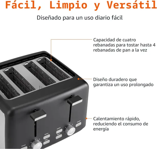 Vista 4 de Amazon Basics Tostadora de 4 rebanadas, con 7 ajustes de tostado, ranuras extra anchas para bagels y panes especiales, bandejas de migas fáciles