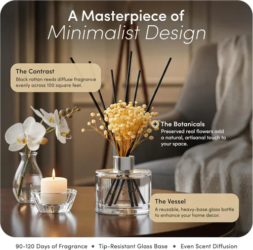 Vista 3 de Juego de difusor de varillas (6.7 onzas líquidas), fragancia de aceite esencial de bambú natural con botella de vidrio, palitos de ratán negro
