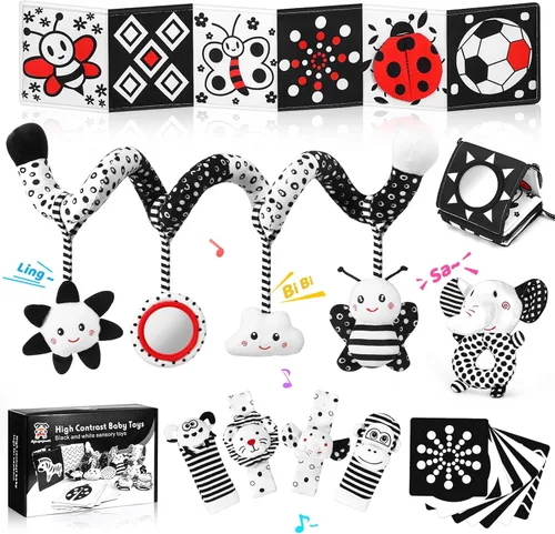 Juguetes para recién nacidos, juguetes para bebés de alto contraste en blanco y negro, de 0 a 6 meses, con tarjetas sensoriales y sonajero, esencial