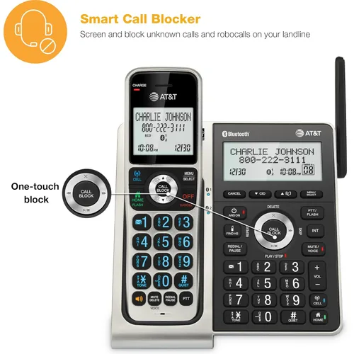 Vista 2 de AT&T BL3107-4 Teléfono doméstico inalámbrico DECT 6.0 de 4 teléfonos con Bluetooth, sistema de contestación, bloqueo de llamadas inteligente, rango