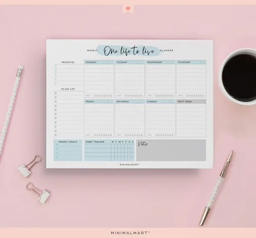 Vista 4 de Cute Weekly Planner By Minimalmart 50 Undated Tear-Off Sheets Personal Productivity Calendar Organizer For Daily Tasks, Appointments, Meal Prep