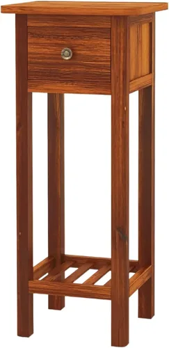 Vista 14 de Giantex - Mesa auxiliar alta, mesa auxiliar estrecha con cajón y estante, mesa de noche de madera de acacia para sala de estar, mesa auxiliar de 2