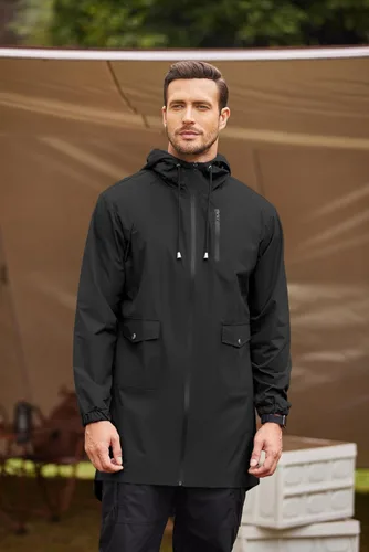 Vista 2 de COOFANDY Chubasquero largo para hombre ligero, chaqueta impermeable para lluvia, chaquetas impermeables para exteriores con capucha