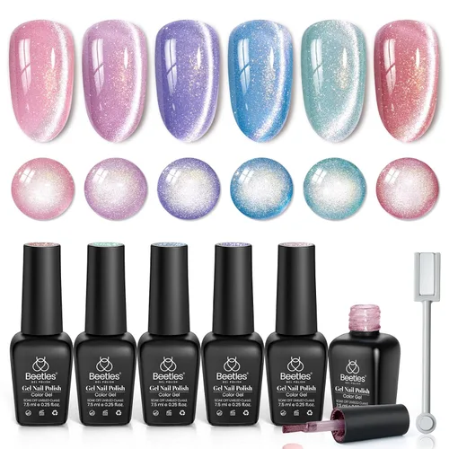 Vista 9 de Beetles - Juego de esmaltes de uñas de gel Jelly de 6 colores, tonos nude, rosa, marrón, con brillo y efecto de glitter, kit de esmaltes de gel