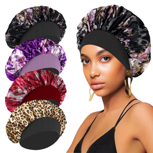 Vista 12 de 4 piezas de gorro de satén de seda para dormir, gorro de satén para envolver el cabello, gorro de ducha para mujeres y hombres negros, gorro