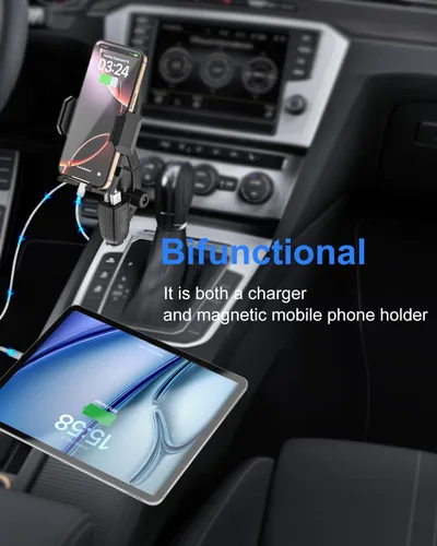 Vista 2 de Cargador de teléfono para encendedor de cigarrillos [carga rápida USB dual] Soporte de teléfono con brazo ajustable, cargador de teléfono