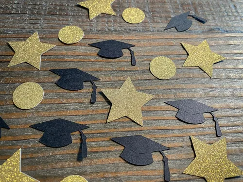 Vista 3 de Black and Gold Graduation Party Confetti with Caps, Stars, and Circles