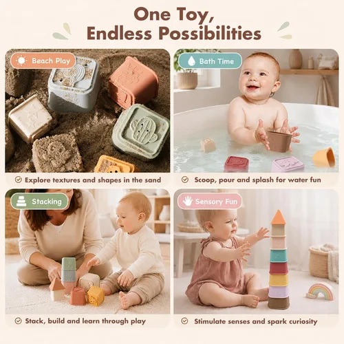 Vista 5 de Juguete de tazas apilables para bebés, torre apilable de silicona, juguetes educativos para bebés de 6 meses, bloques de construcción de dentición