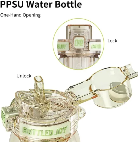 Vista 2 de BOTTLE JOY Botellas de agua de PPSU de 26 onzas con popote y correa, botella doble con boca para beber y beber con succión y beber, botella de agua