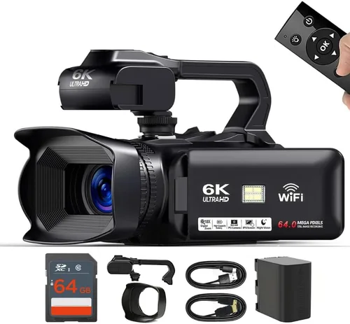 Acuvar Videocámara 4K/6K – Cámara de vlogging de 64MP para YouTube, 60FPS, zoom 18X, WiFi, cámara web – Incluye micrófono, estabilizador, tarjeta de