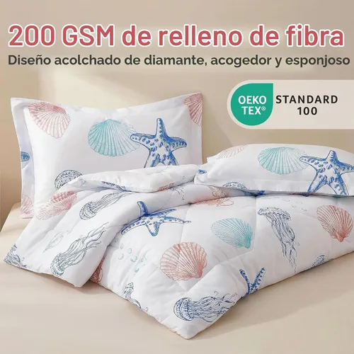 Vista 2 de JSD - Juego de edredón para niños con temática de playa, tamaño individual, diseño de conchas de medusas y estrellas de mar Tema de playa
