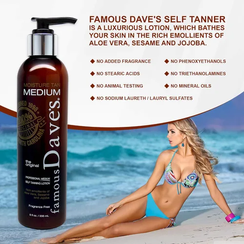 Vista 2 de Autobronceador de Dave Self Bronceado sin sol con testimonios para todos los tipos de piel, ligera, justa, media. Fabricado en USA desde hace más