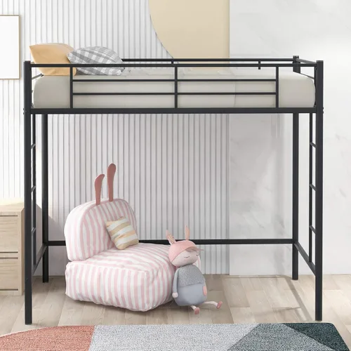 Vista 3 de Cama alta individual para niños, marco de cama alta resistente con 2 escaleras y barandillas de protección, cama alta moderna para dormitorio