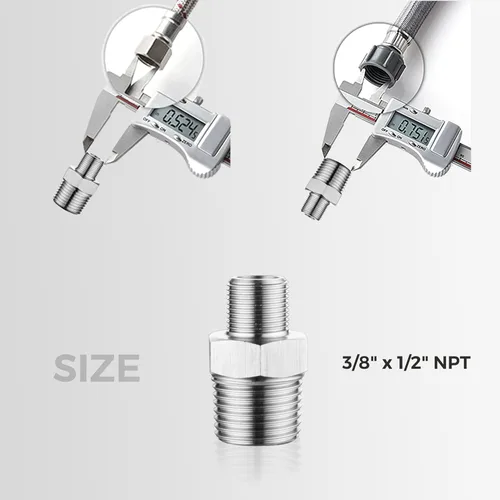 Vista 3 de Adaptador de grifo RV, 2 conectores reductores de 1/2 a 3/8 - Accesorio de acero inoxidable, conector de tubo de compresión de 3/8 macho a NPT 1/2