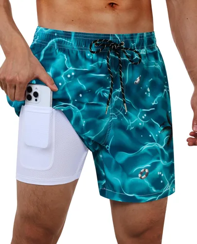 Vista 8 de Gleeease Traje de baño para hombre de 5 pulgadas con forro de compresión, bolsillos, cordón, secado rápido, elástico, divertido, playa, natación