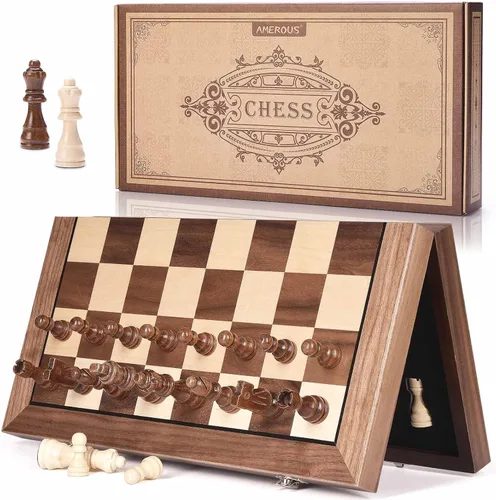 Vista 8 de Conjunto de ajedrez Amerous estándar, 15" x 15", tablero de madera de juego de ajedrez plegable magnético, piezas construidas en madera y ranuras