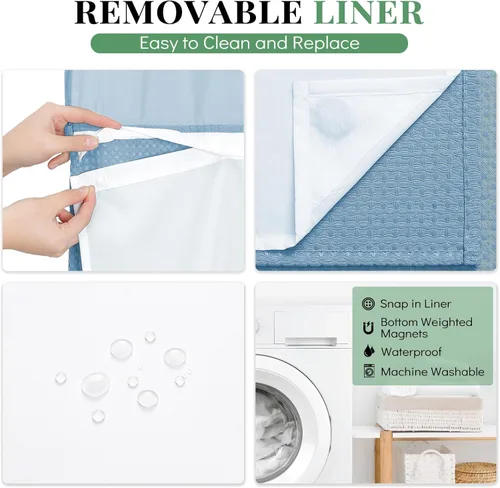 Vista 504 de Cortina de ducha de tela Dynamene verde oscuro - Cortinas de baño de tela de nido de abeja texturizadas resistentes, juego de cortinas de baño