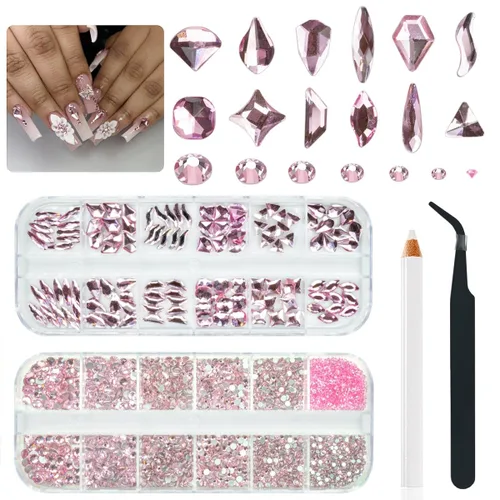 qiipii 3080 piezas de diamantes de imitación rosados para uñas, 120 formas múltiples con parte trasera plana, gemas rosas claras, cuentas redondas