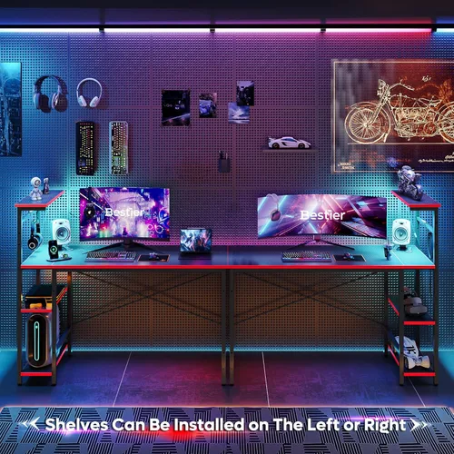 Vista 4 de Bestier Gaming Desk with LED Lights, 51.3 Inch Computer Desk with 4 Tiers Reversible Shelves, Gamer Desk with Side Storage Bag, Hooks and Height