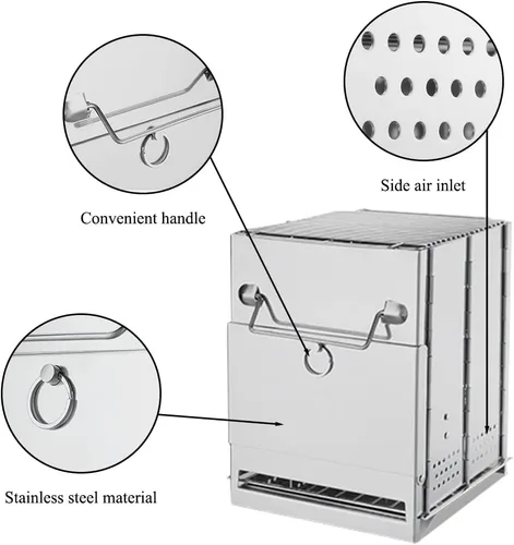 Vista 5 de Estufa de leña plegable para acampar con parrilla, estufa de campamento plegable para mochileros, estufa de supervivencia de acero inoxidable