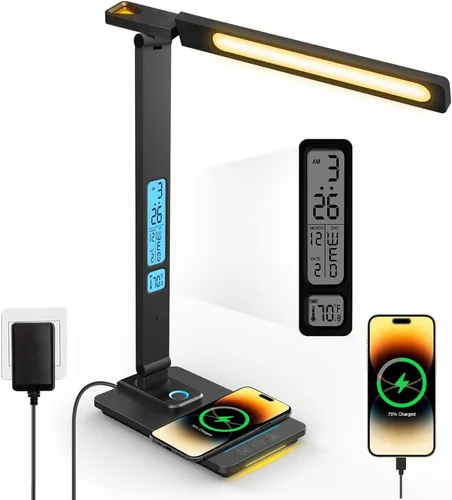 Vista 12 de LAOPAO Lámpara de escritorio con cargador inalámbrico: puerto de carga USB, lámpara de mesa con reloj, lámparas de escritorio para el hogar