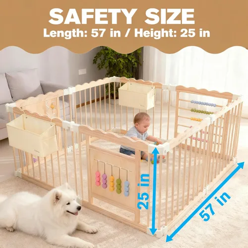 Vista 6 de M MEEPO Corralito para bebés, 57 x 57 x 25 pulgadas, corralito para bebés de madera de tamaño y forma ajustables con 2 bolsas de almacenamiento