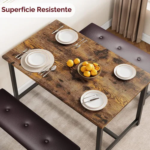 Vista 3 de Alkmaar Juego de mesa de cocina con 2 bancos tapizados para 4 personas, mesa rectangular de metal y madera para espacios pequeños, apartamento