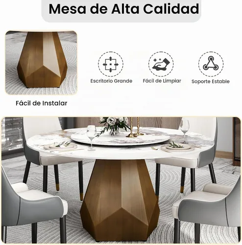Vista 4 de Montary Mesa de comedor redonda moderna de mármol artificial de 59 pulgadas con base de metal de latón antiguo y tocadiscos de piedra sinterizada