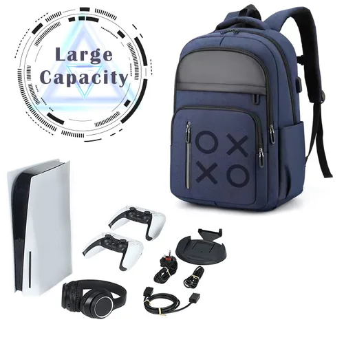 Vista 5 de Mochila de consola de juegos para PS5 mochila de viaje para controladores y accesorios de juegos, Azul, Juego