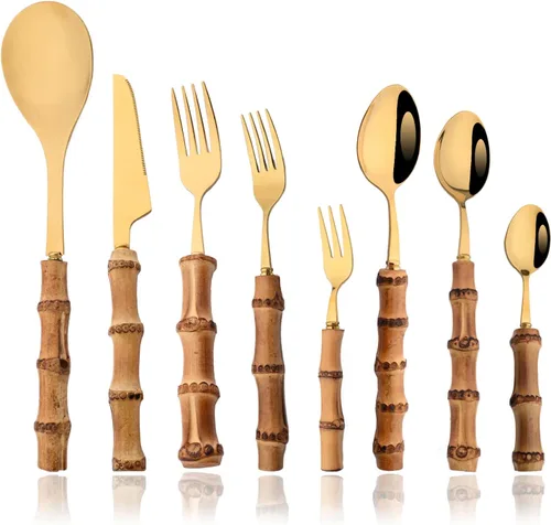 JASHII Juego de cubiertos de 30 piezas con mango de bambú, juego de cubiertos dorados de acero inoxidable 304, servicio para 4, con 2 cucharas de