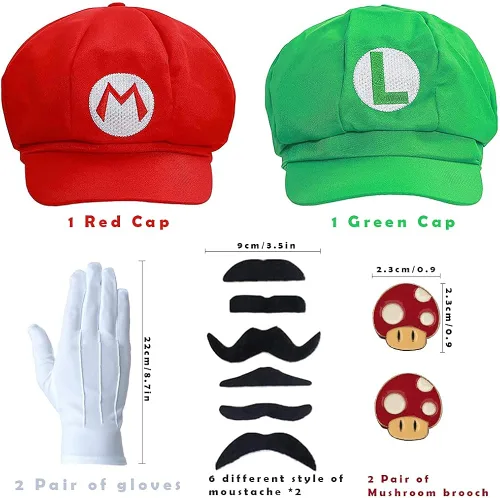 Vista 2 de EIKOU Super Bros Mari & Luigi Unisex Hat Cap set Gloves Mushroom Brooch Cosplay Costume (Red and Green) 2Pcs