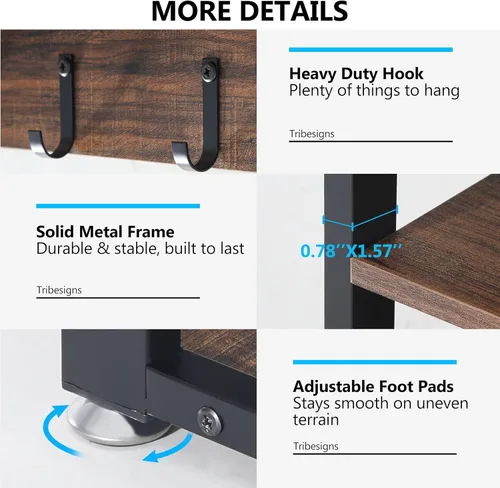 Vista 6 de Tribesigns Industrial [Banco] [Estante] para Zapatos con Juego de Perchero con Árbol de Pasillo, 3 Compartimentos de Almacenamiento, 7 Ganchos