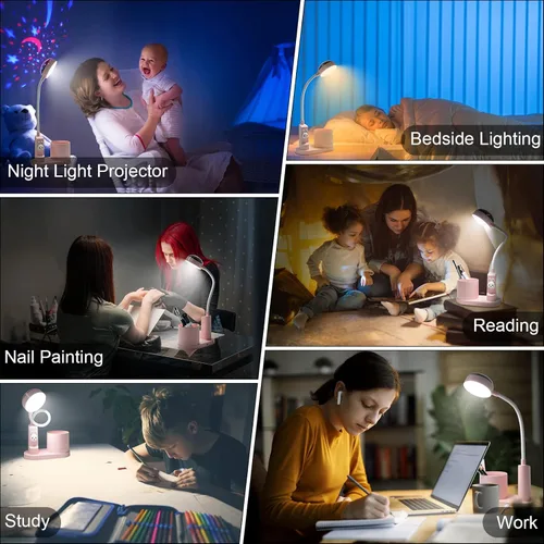 Vista 6 de Linda lámpara de conejo rosa para estudio de lectura de niños, proyector de estrella/soporte para bolígrafo/3 brillo/cuidado de los ojos, lámpara
