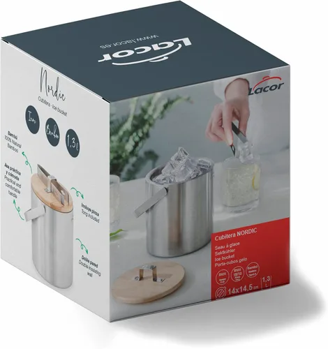 Vista 6 de LACOR 65514 Nordic Ice Container, Acero Inoxidable, Aislante Doble Pared, Incluye Abrazadera Tapa 100% Bambú Natural 18/10, 5.5 in, Capacidad: 1,3 L